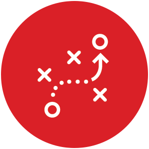 Icon of football Xs and Os with a dotted path and arrow showing the path through