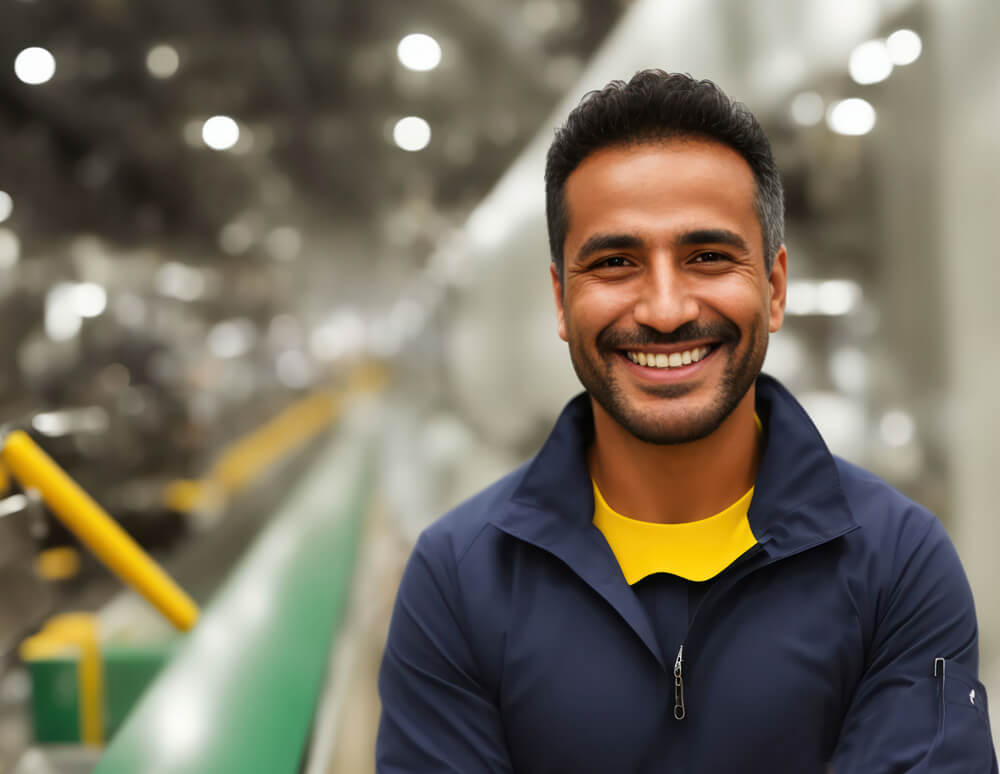 Candid shot of a confident Hispanic male factory worker with arm